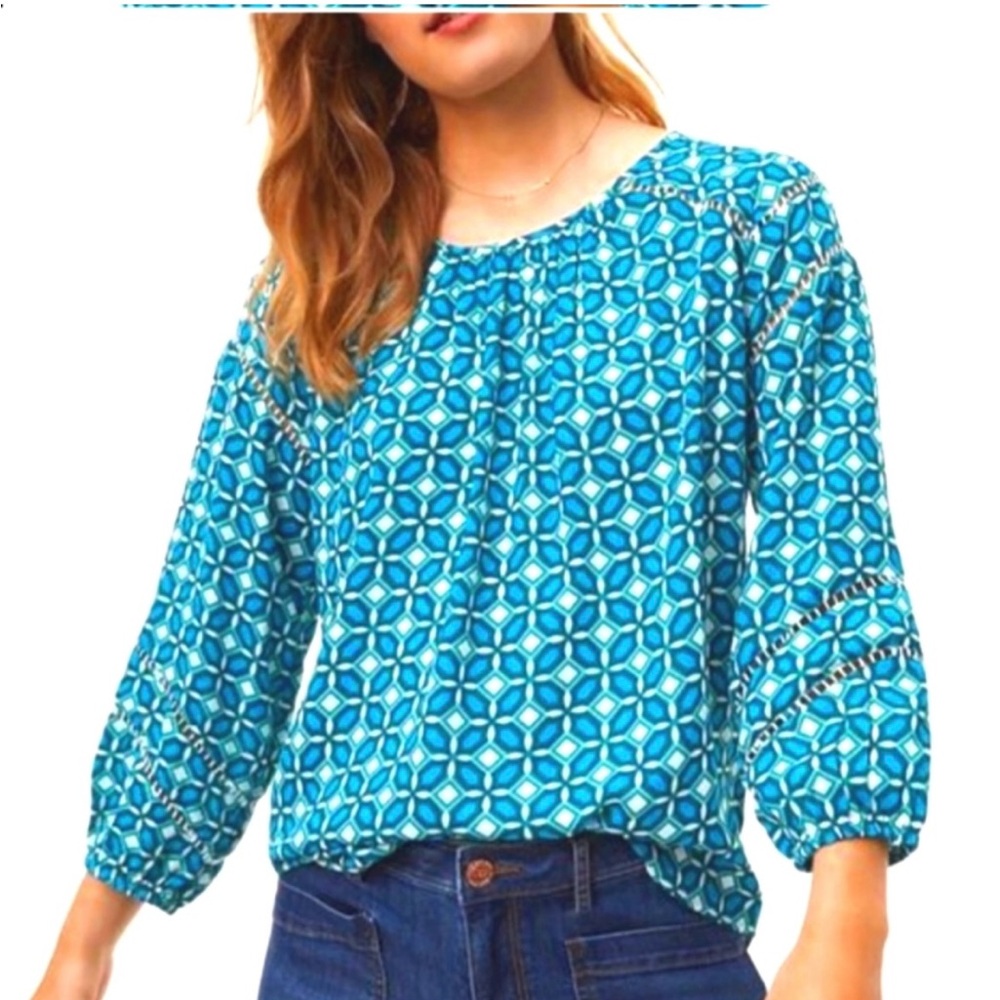 LOFT size MP woman Blue Smocked 3/4 Sleeve Blouse